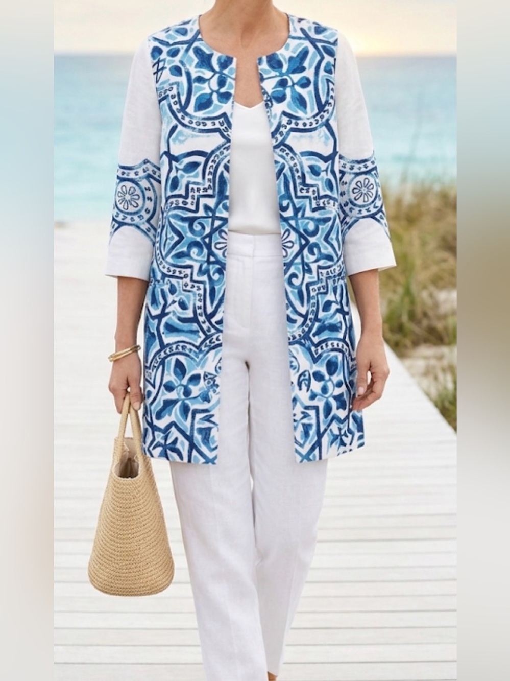Chicos Linen Duster Jacket Open front Topper Ikat Tribal Print folklore boho